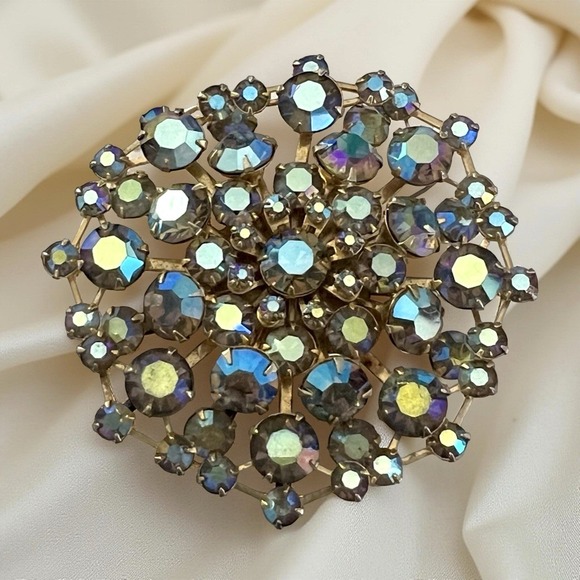 Jewelry - MCM Blue Aurora Borealis Rhinestone Statement Brooch Pin Gold Tone 2‎ 1/4"
